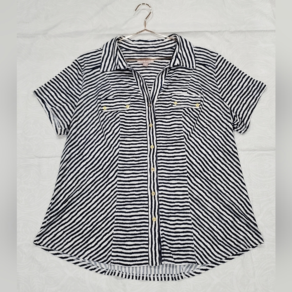 Roz & Ali 1X Plus Women's Blue and White Blouse with gold button accents